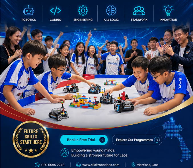 ClickRobot Laos students competing with robots, cheered on by families